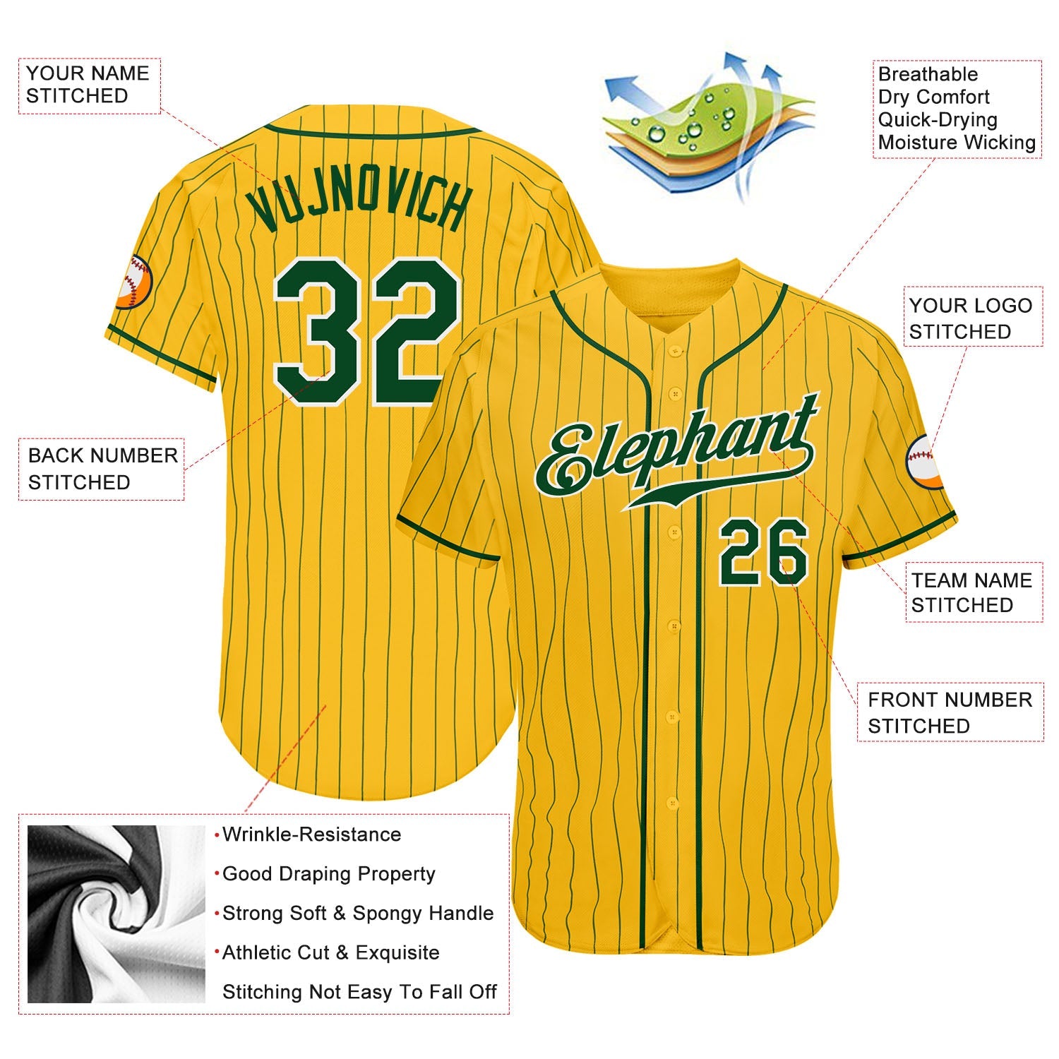 Custom Yellow Green Pinstripe Green-White Authentic Baseball Jersey view 3