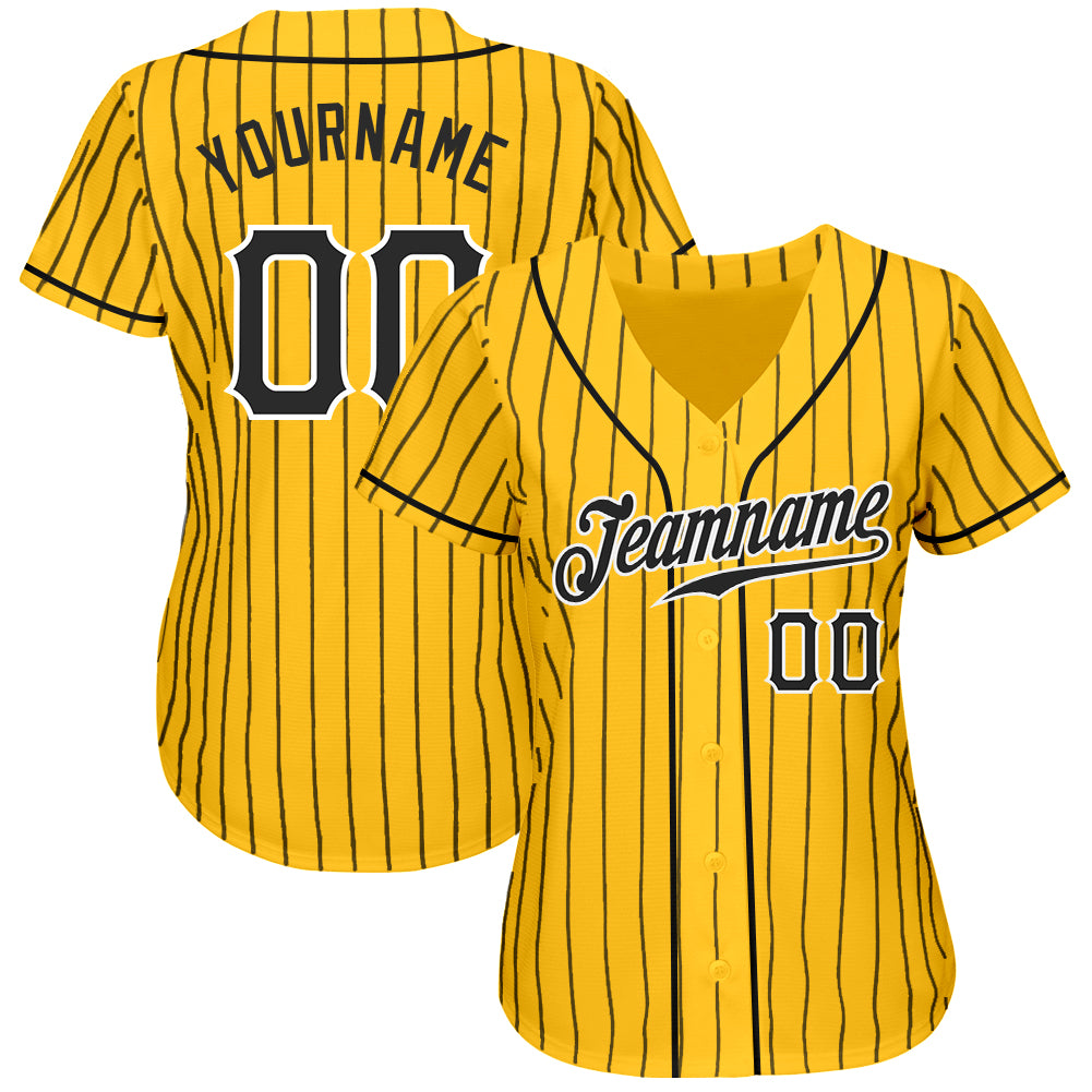 Custom Yellow Black Pinstripe Black-White Authentic Baseball Jersey view 2