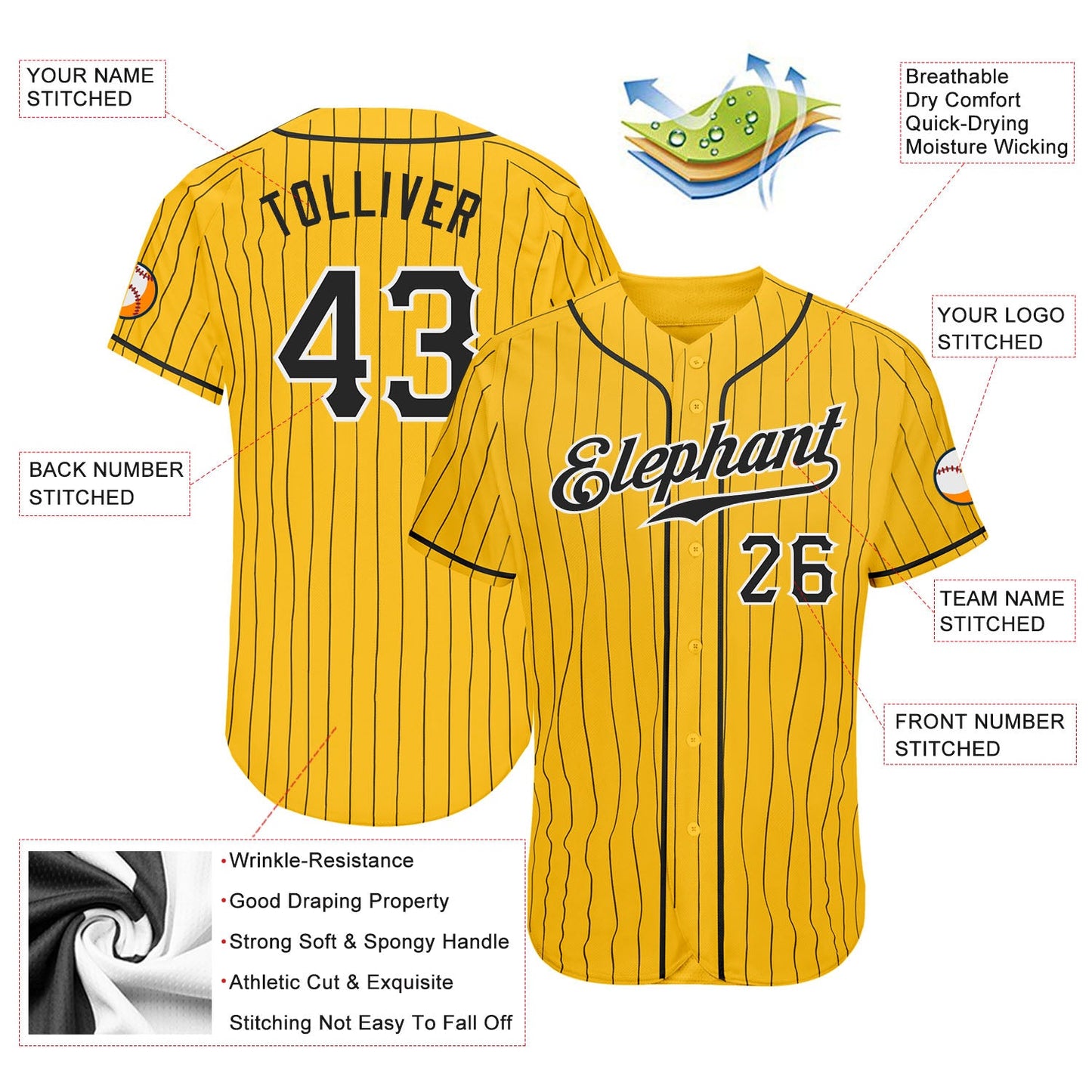 Custom Yellow Black Pinstripe Black-White Authentic Baseball Jersey view 3