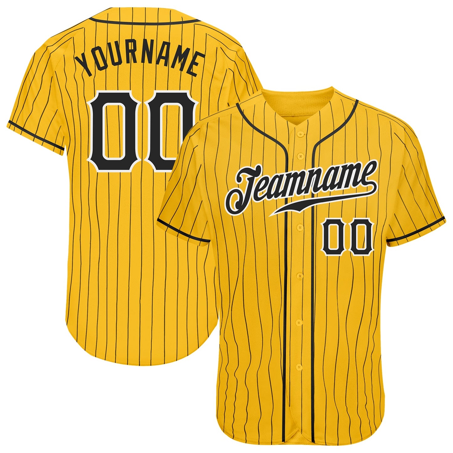 Custom Yellow Black Pinstripe Black-White Authentic Baseball Jersey - Main View