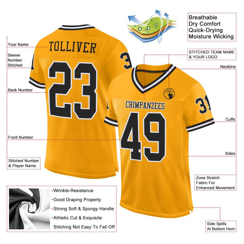 Custom Gold Black-White Mesh Authentic Throwback Football Jersey view 2