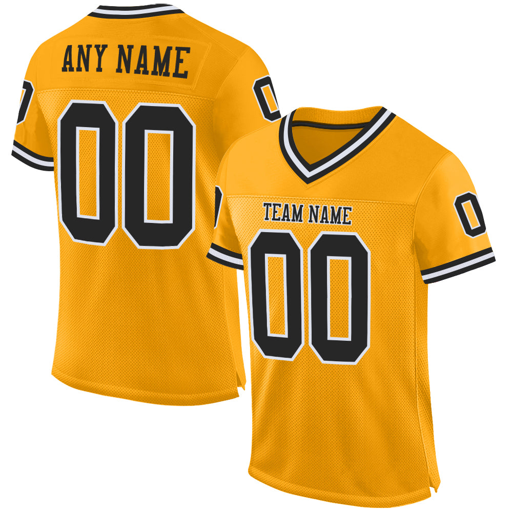 Custom Gold Black-White Mesh Authentic Throwback Football Jersey - Main View