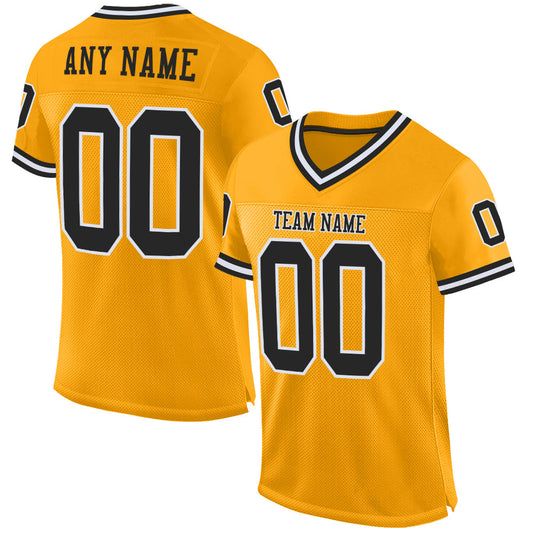 Custom Gold Black-White Mesh Authentic Throwback Football Jersey - Main View