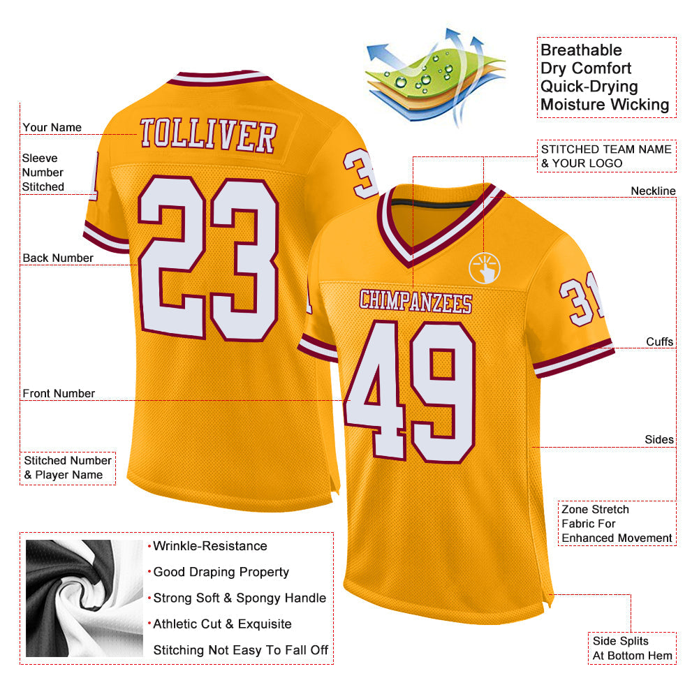 Custom Gold White-Maroon Mesh Authentic Throwback Football Jersey view 2