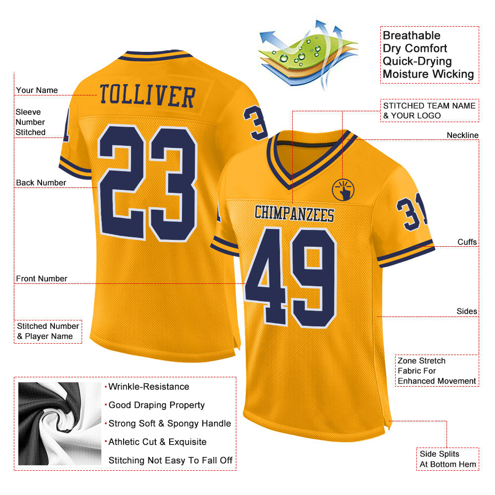 Custom Gold Navy-White Mesh Authentic Throwback Football Jersey view 2