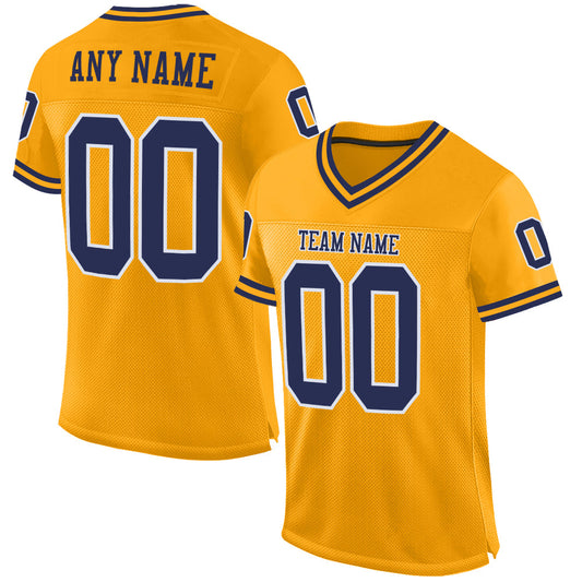 Custom Gold Navy-White Mesh Authentic Throwback Football Jersey - Main View