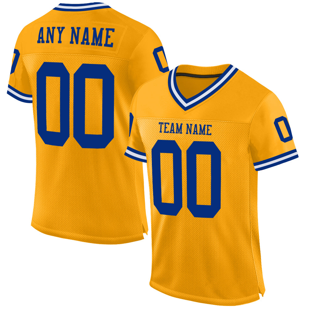 Custom Gold Royal-White Mesh Authentic Throwback Football Jersey - Main View