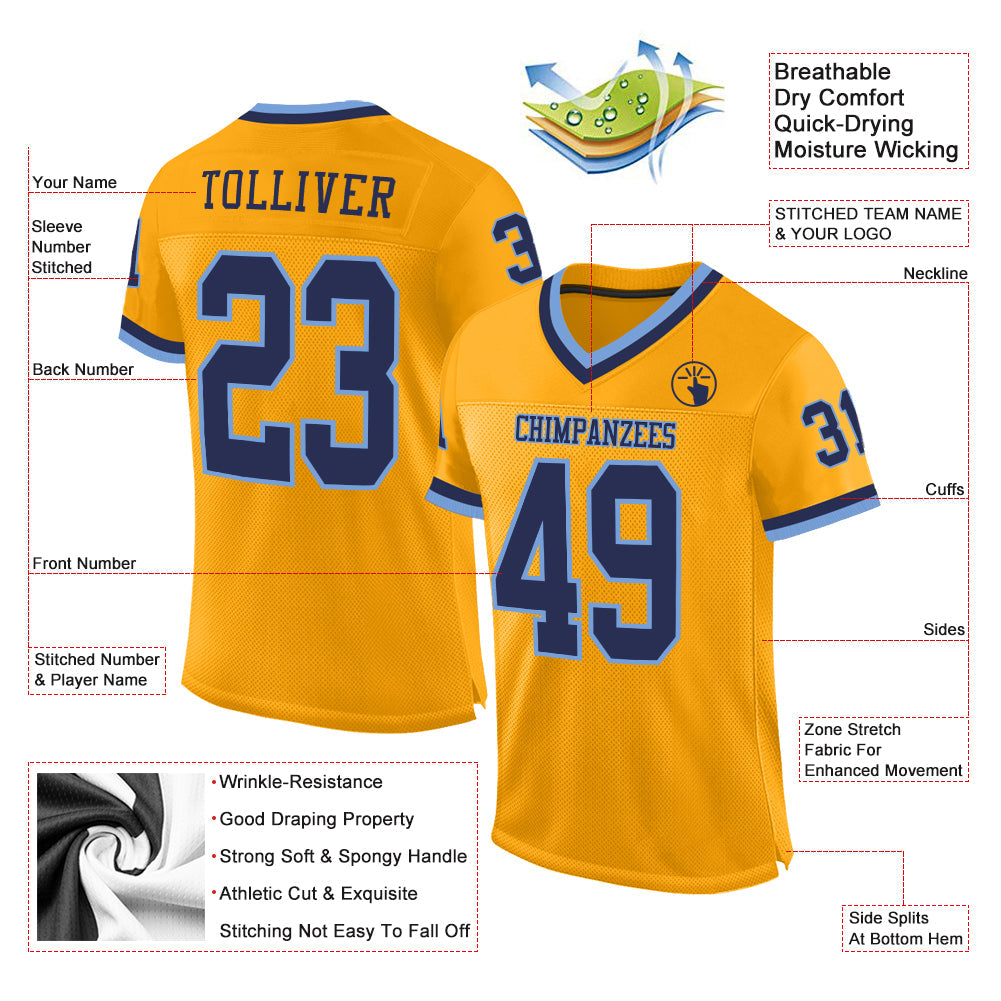 Custom Gold Navy-Light Blue Mesh Authentic Throwback Football Jersey view 2