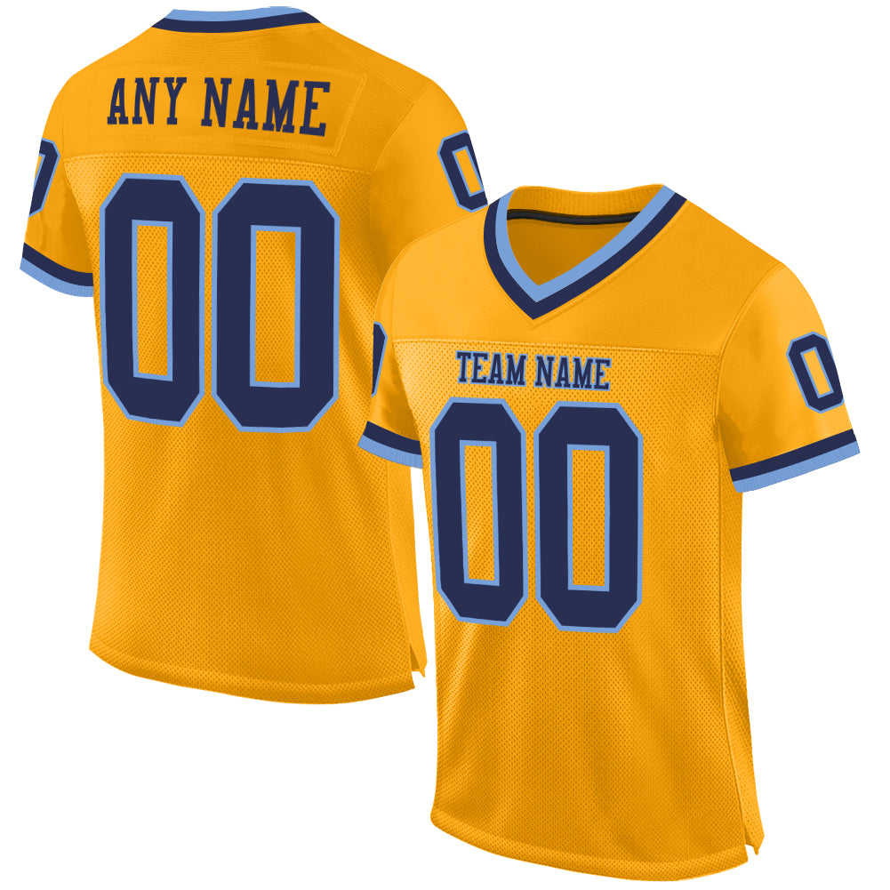 Custom Gold Navy-Light Blue Mesh Authentic Throwback Football Jersey - Main View