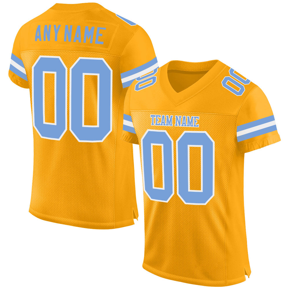 Custom Gold Light Blue-White Mesh Authentic Football Jersey - Main View