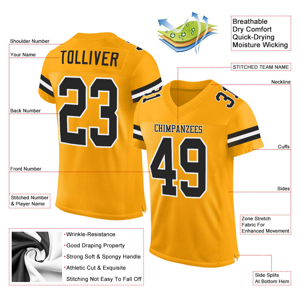 Custom Gold Black-White Mesh Authentic Football Jersey view 2