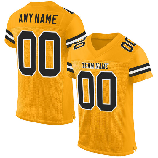 Custom Gold Black-White Mesh Authentic Football Jersey - Main View