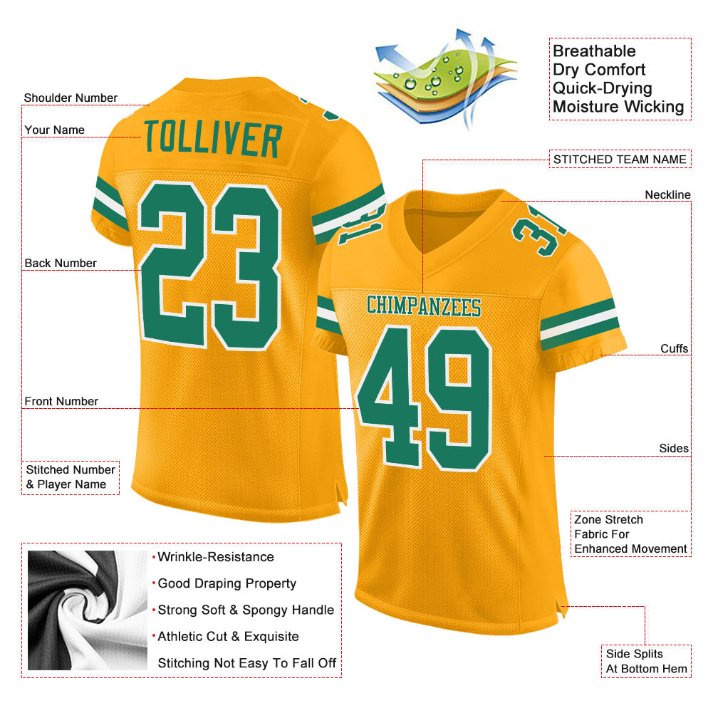 Custom Gold Kelly Green-White Mesh Authentic Football Jersey view 2