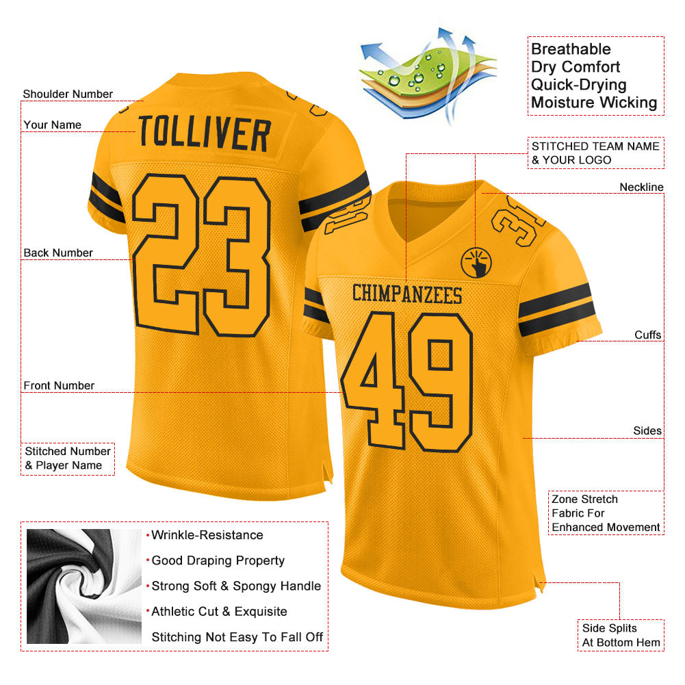 Custom Gold Gold-Black Mesh Authentic Football Jersey view 2
