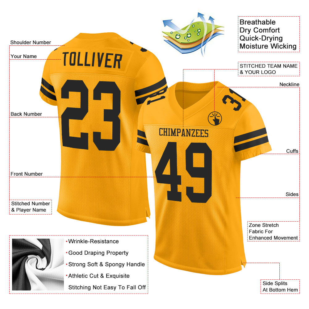 Custom Gold Black Mesh Authentic Football Jersey view 2
