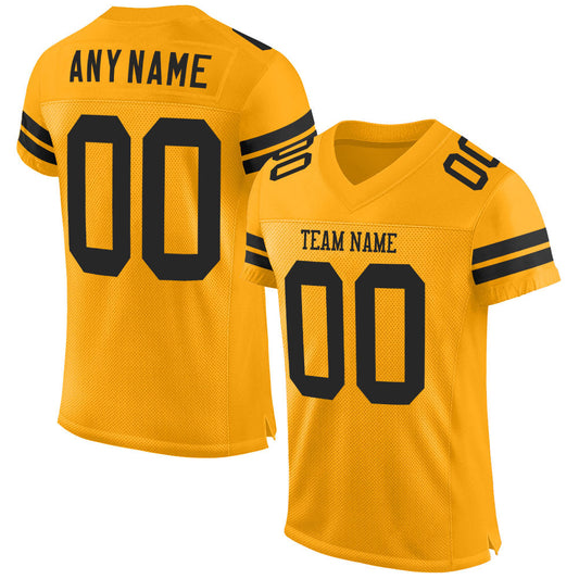 Custom Gold Black Mesh Authentic Football Jersey - Main View