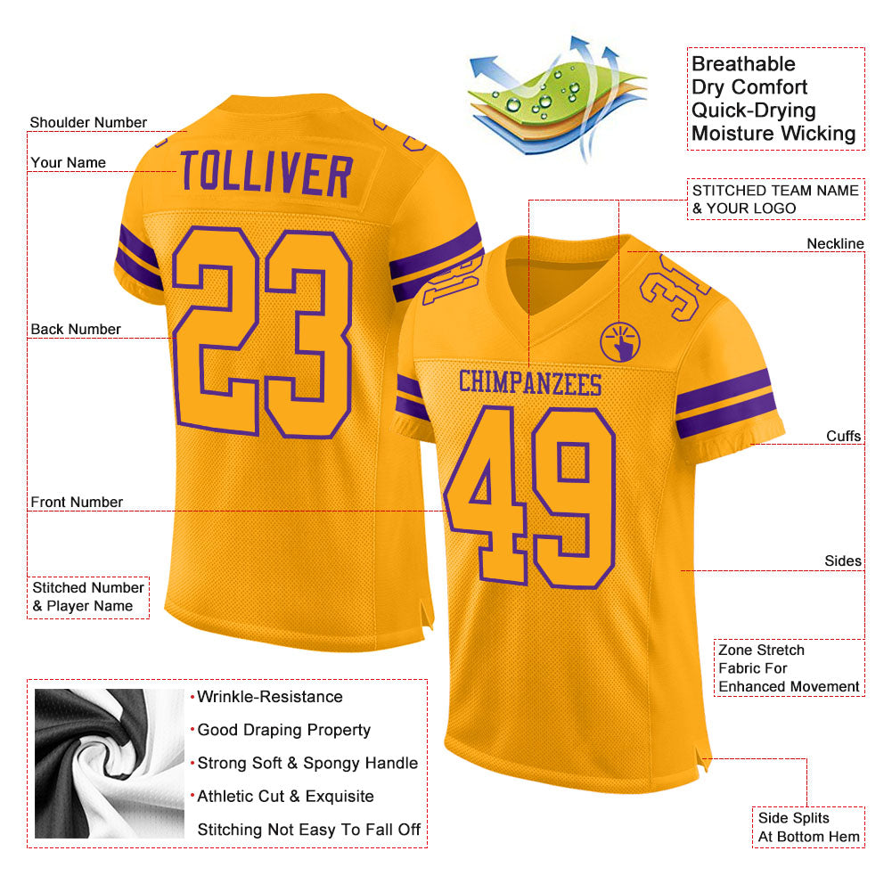 Custom Gold Gold-Purple Mesh Authentic Football Jersey view 2