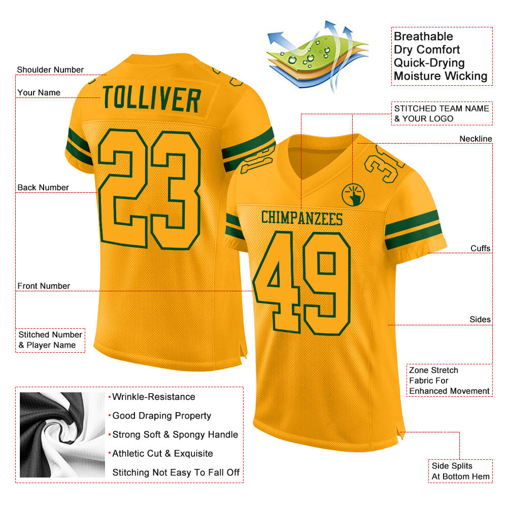Custom Gold Gold-Green Mesh Authentic Football Jersey view 2