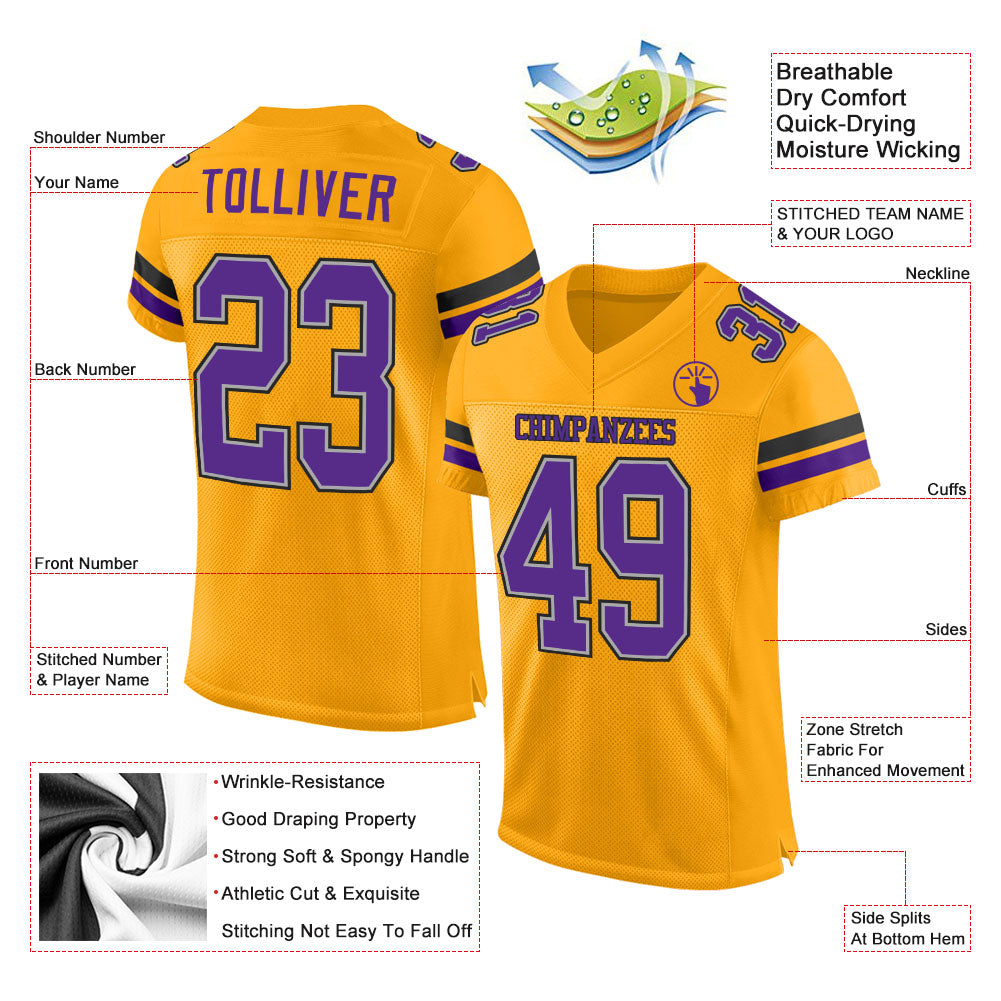 Custom Gold Purple-Black Mesh Authentic Football Jersey view 2