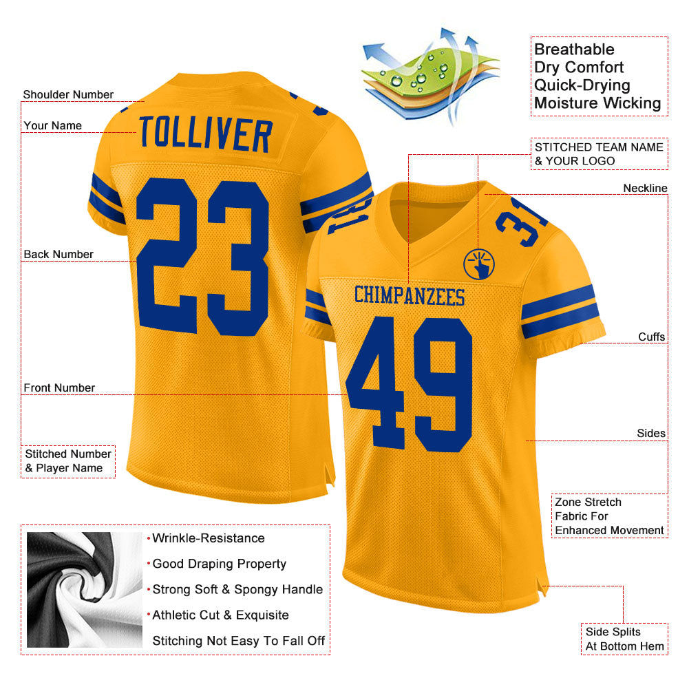 Custom Gold Royal Mesh Authentic Football Jersey view 2