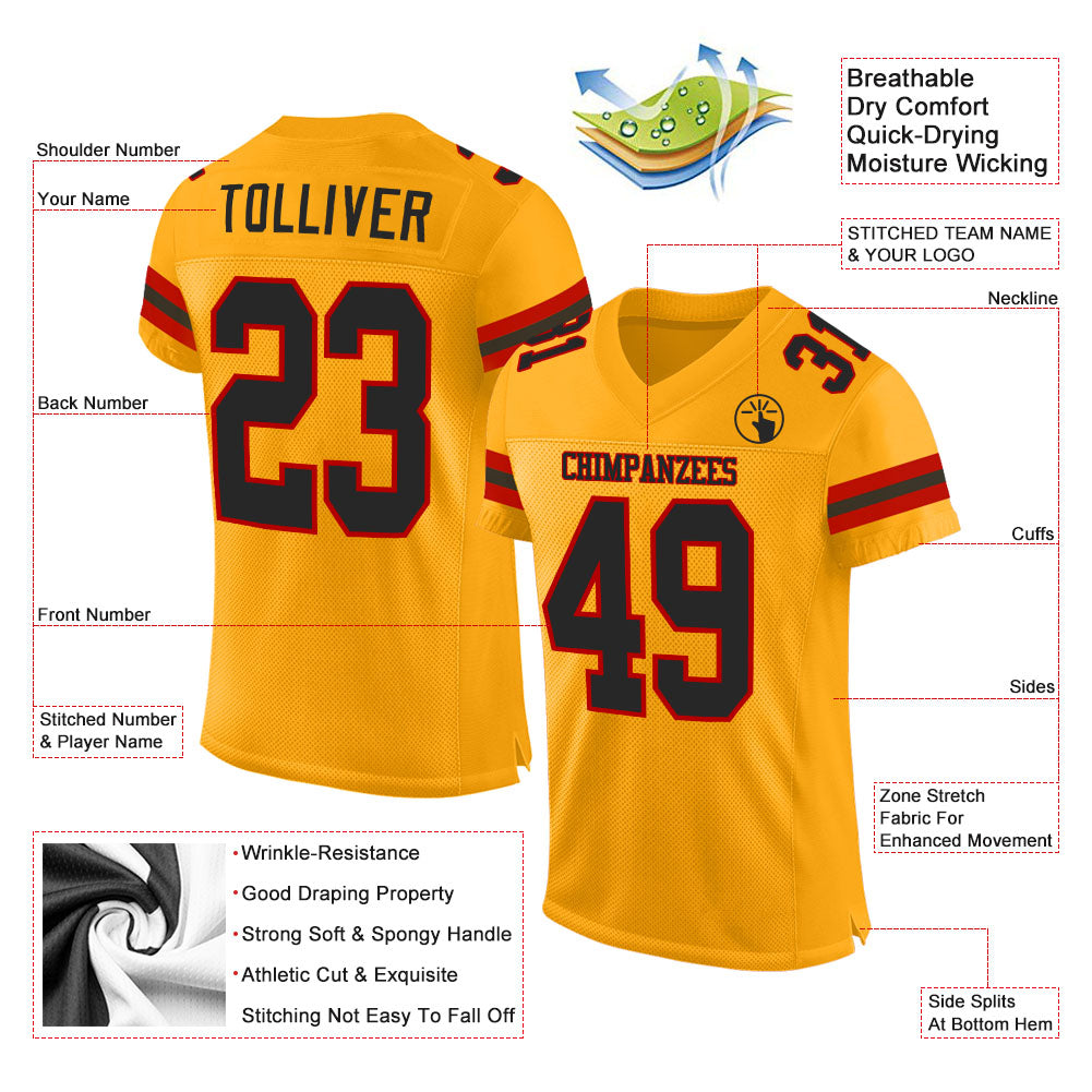 Custom Gold Black-Red Mesh Authentic Football Jersey view 2