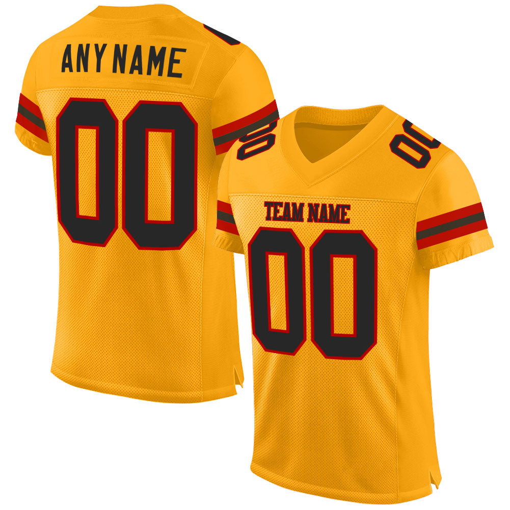 Custom Gold Black-Red Mesh Authentic Football Jersey - Main View