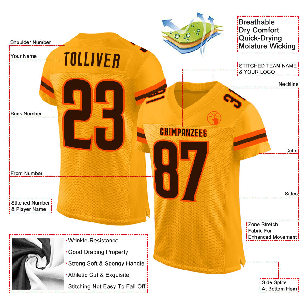 Custom Gold Brown-Orange Mesh Authentic Football Jersey view 2