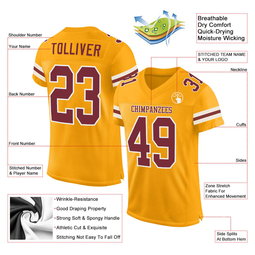 Custom Gold Burgundy-White Mesh Authentic Football Jersey view 2