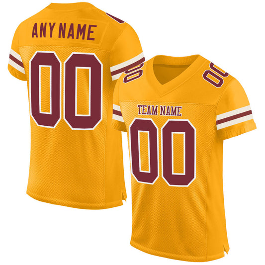 Custom Gold Burgundy-White Mesh Authentic Football Jersey - Main View