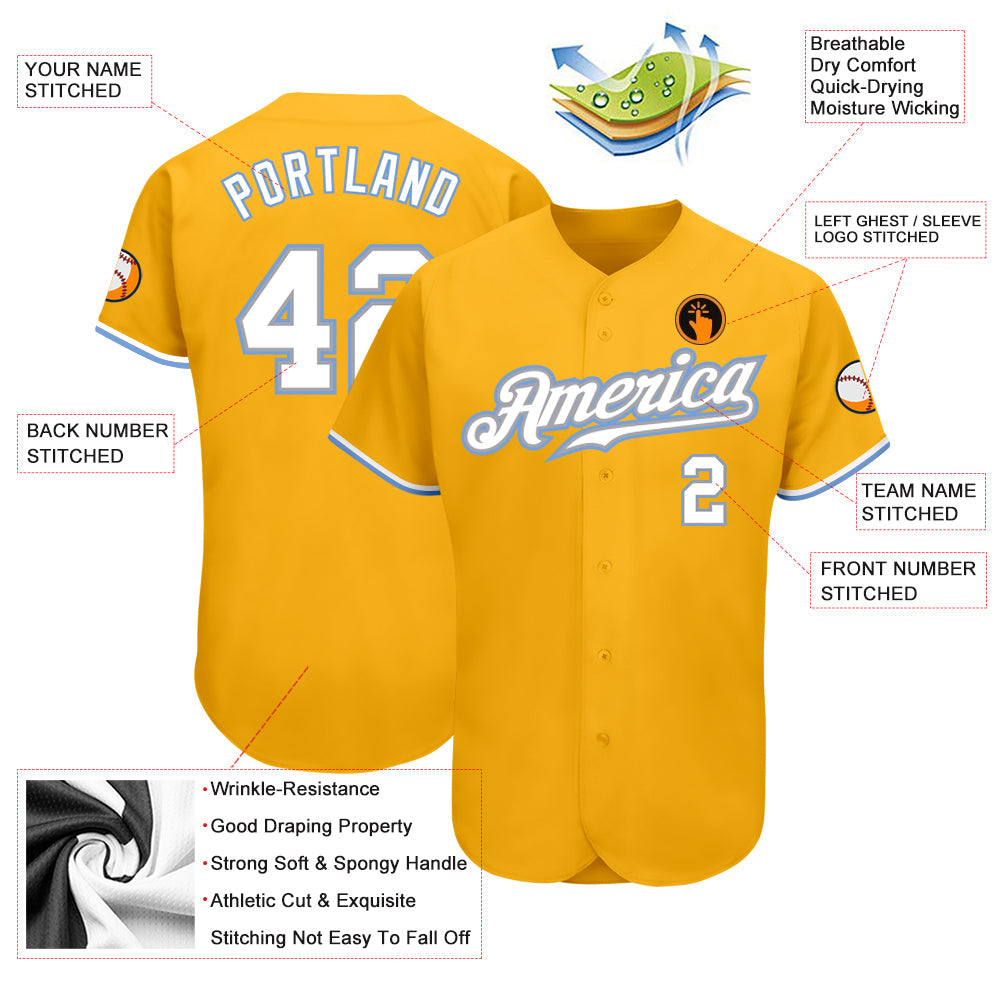 Custom Gold White-Light Blue Authentic Baseball Jersey view 3