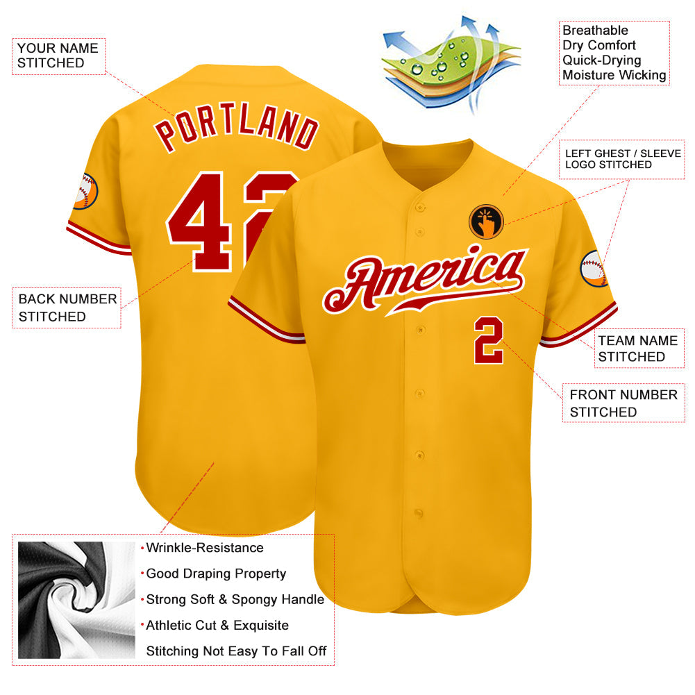 Custom Gold Red-White Authentic Baseball Jersey view 3