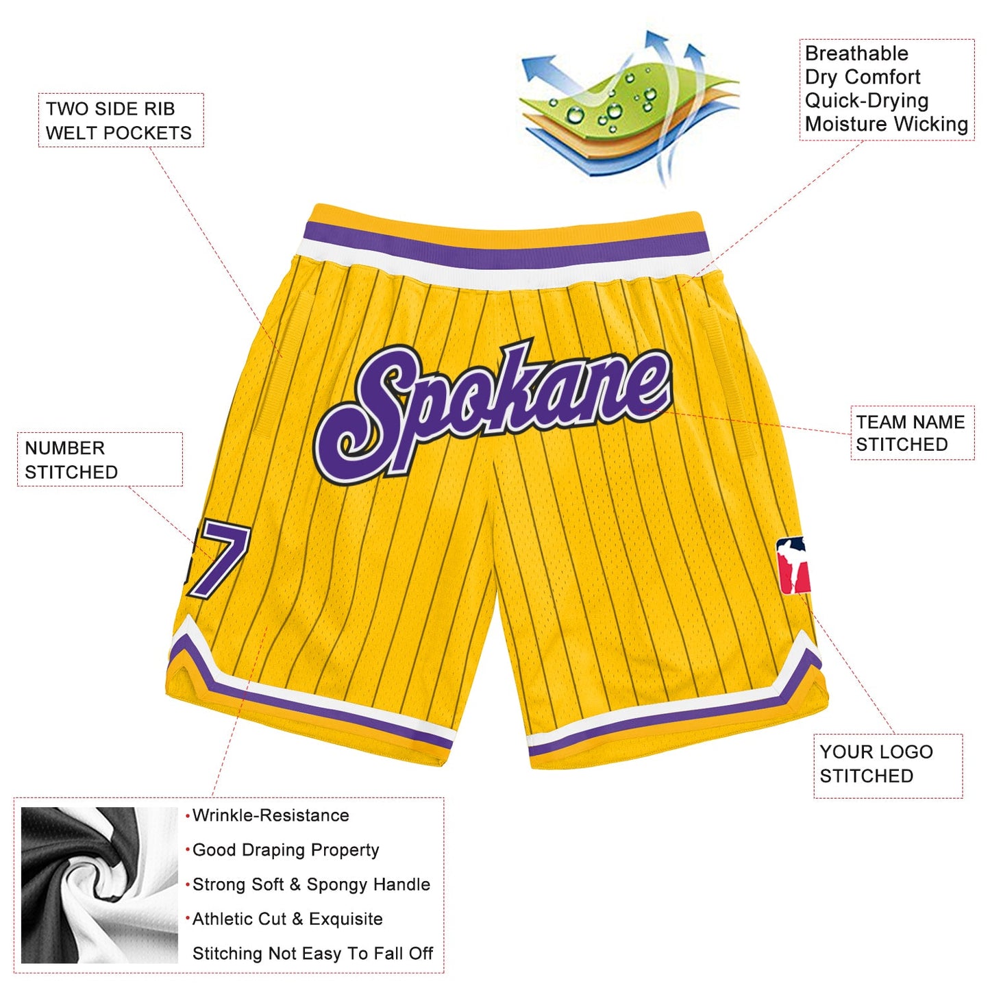 Custom Gold Black Pinstripe Purple-White Authentic Basketball Shorts view 2