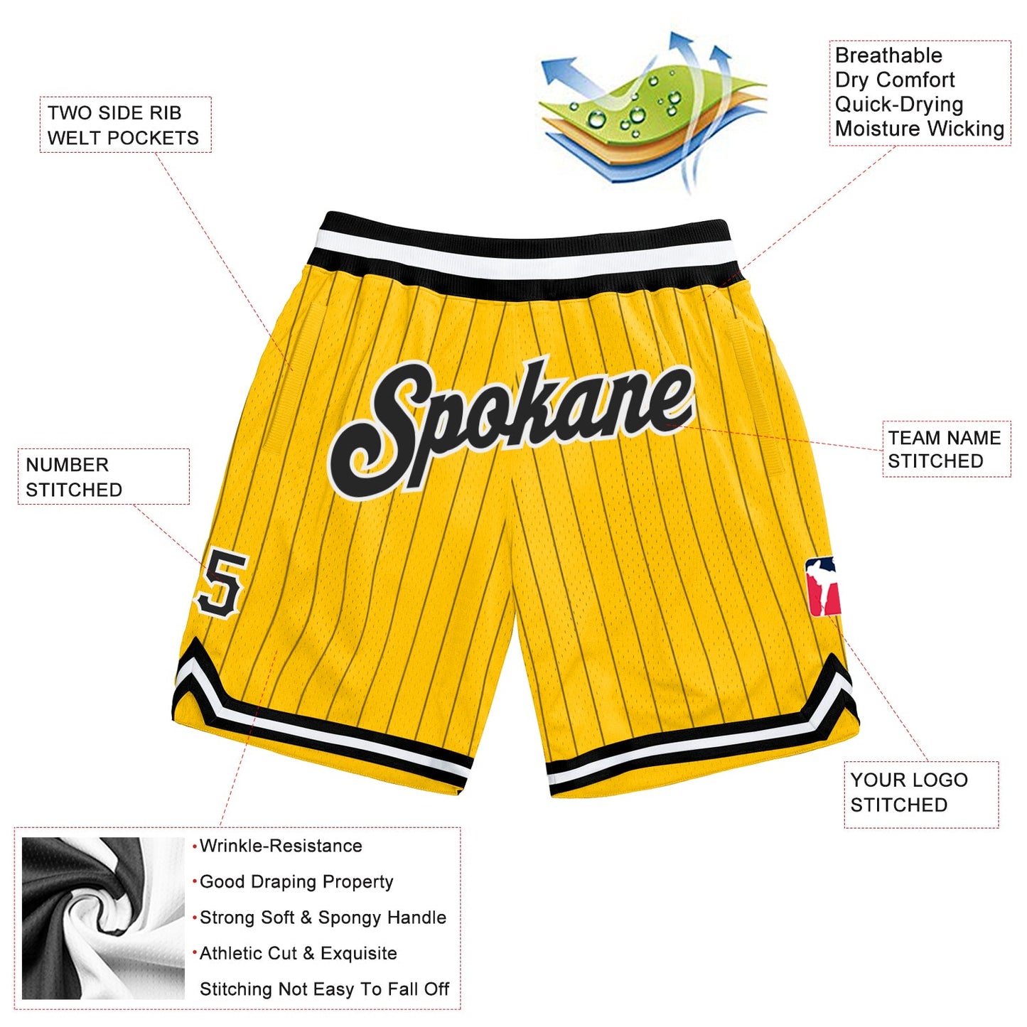 Custom Gold Black Pinstripe Black-White Authentic Basketball Shorts view 2