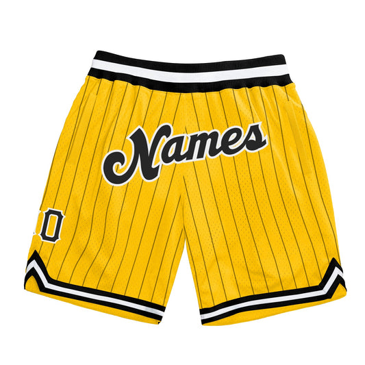 Custom Gold Black Pinstripe Black-White Authentic Basketball Shorts - Main View