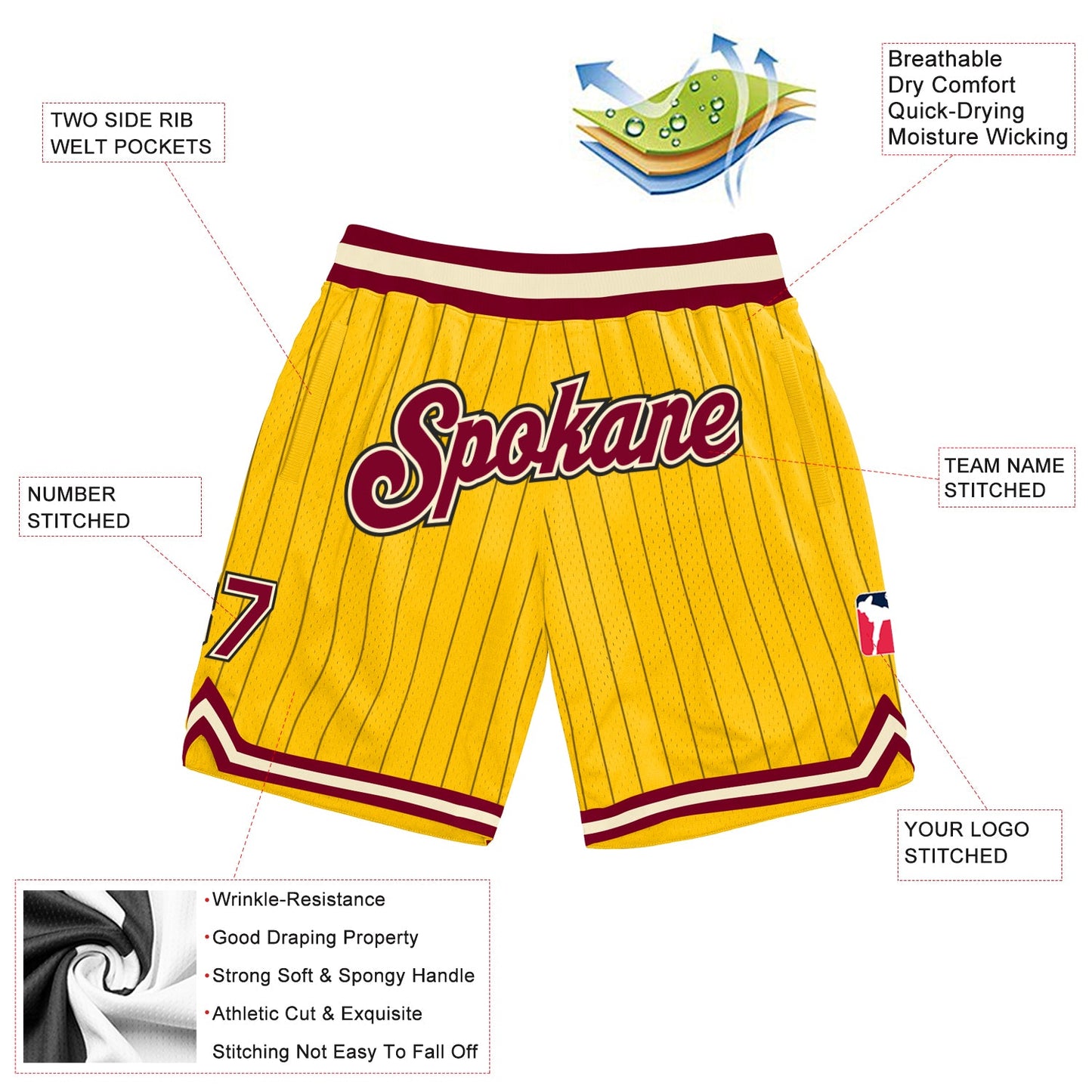 Custom Gold Black Pinstripe Maroon-Cream Authentic Basketball Shorts view 2