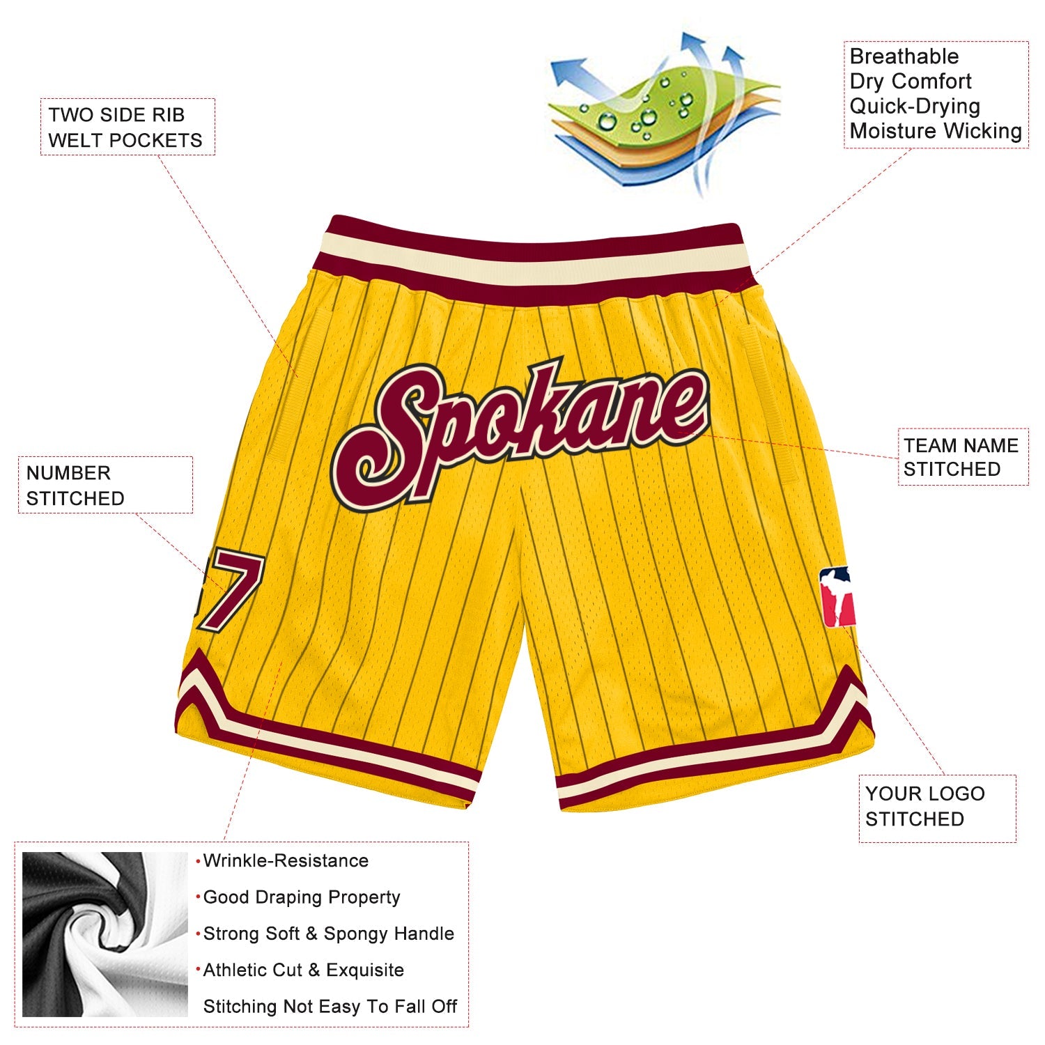 Custom Gold Black Pinstripe Maroon-Cream Authentic Basketball Shorts view 2