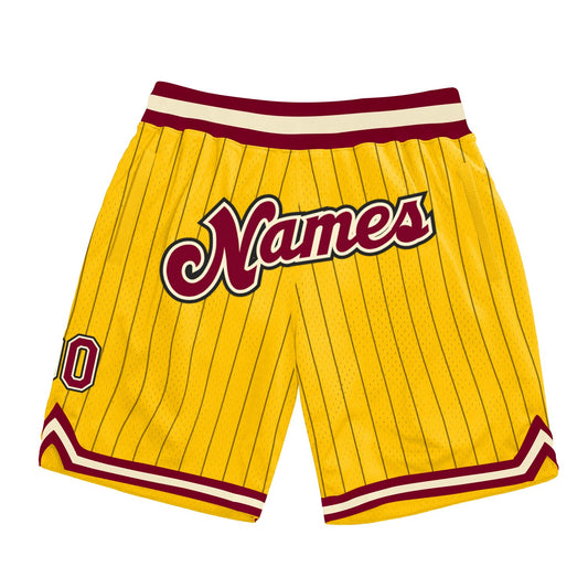 Custom Gold Black Pinstripe Maroon-Cream Authentic Basketball Shorts - Main View