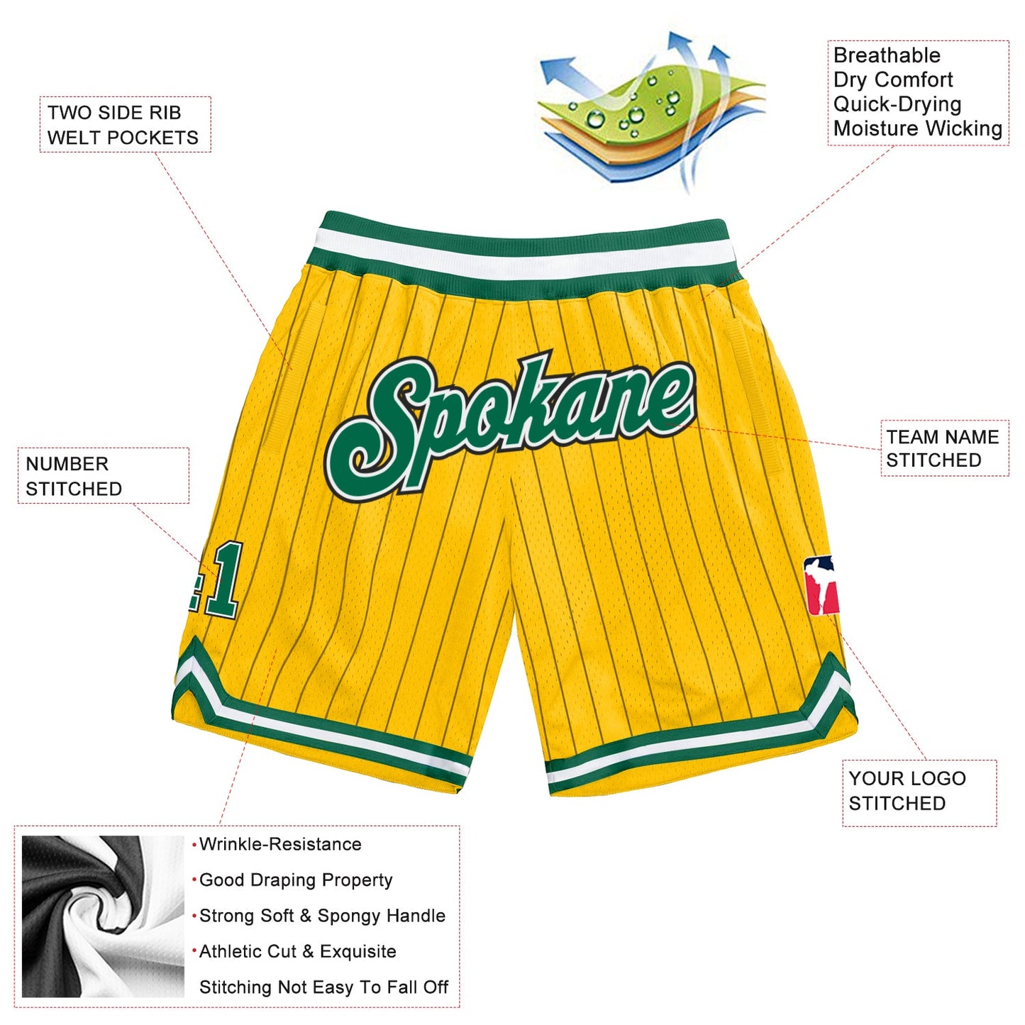 Custom Gold Black Pinstripe Kelly Green-White Authentic Basketball Shorts view 2