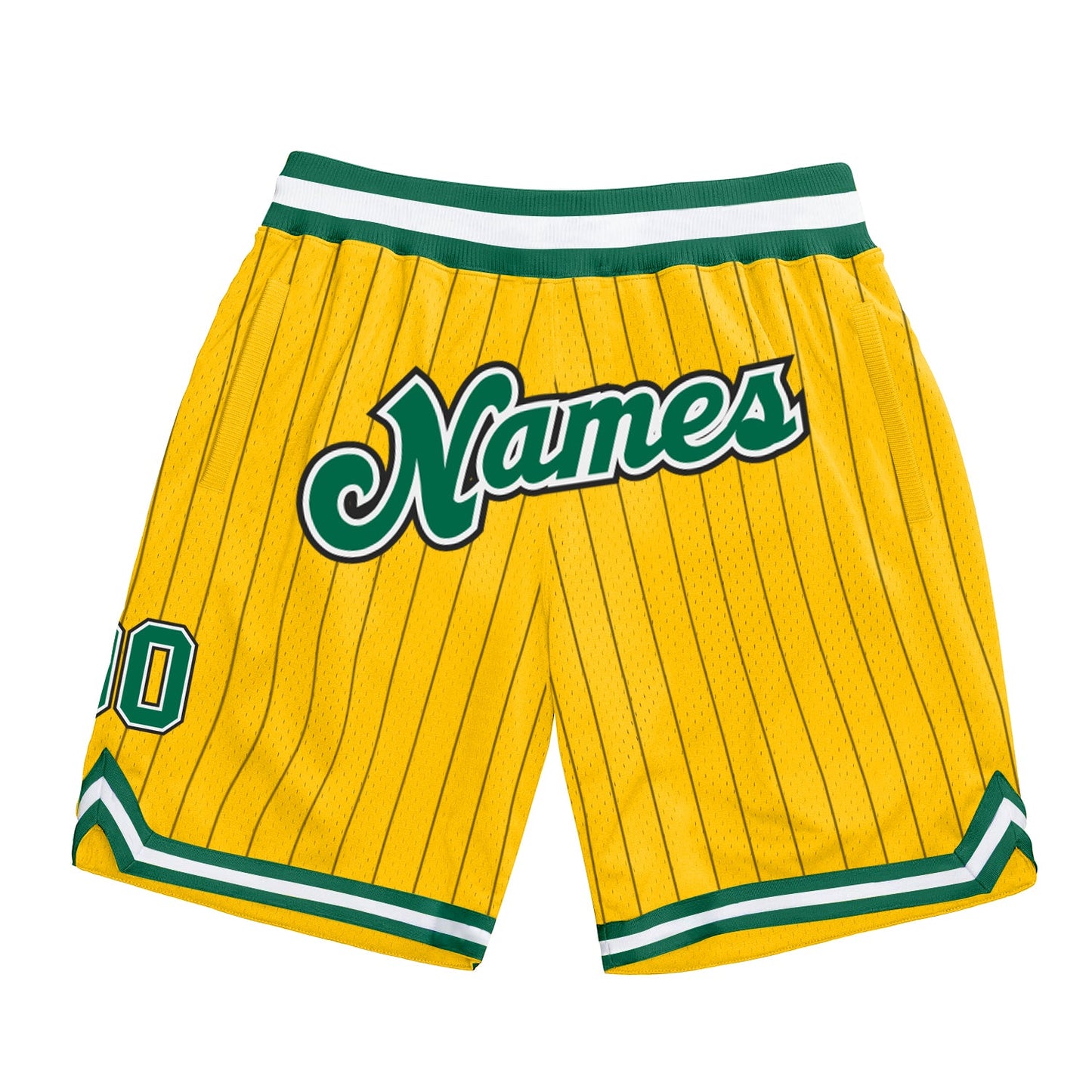 Custom Gold Black Pinstripe Kelly Green-White Authentic Basketball Shorts - Main View