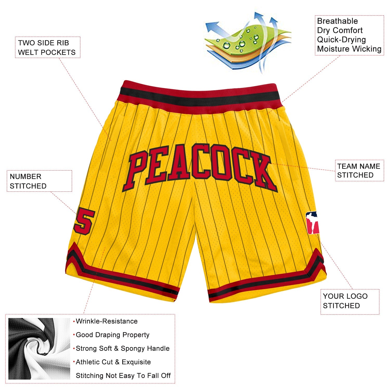 Custom Gold Black Pinstripe Red-Black Authentic Basketball Shorts view 2
