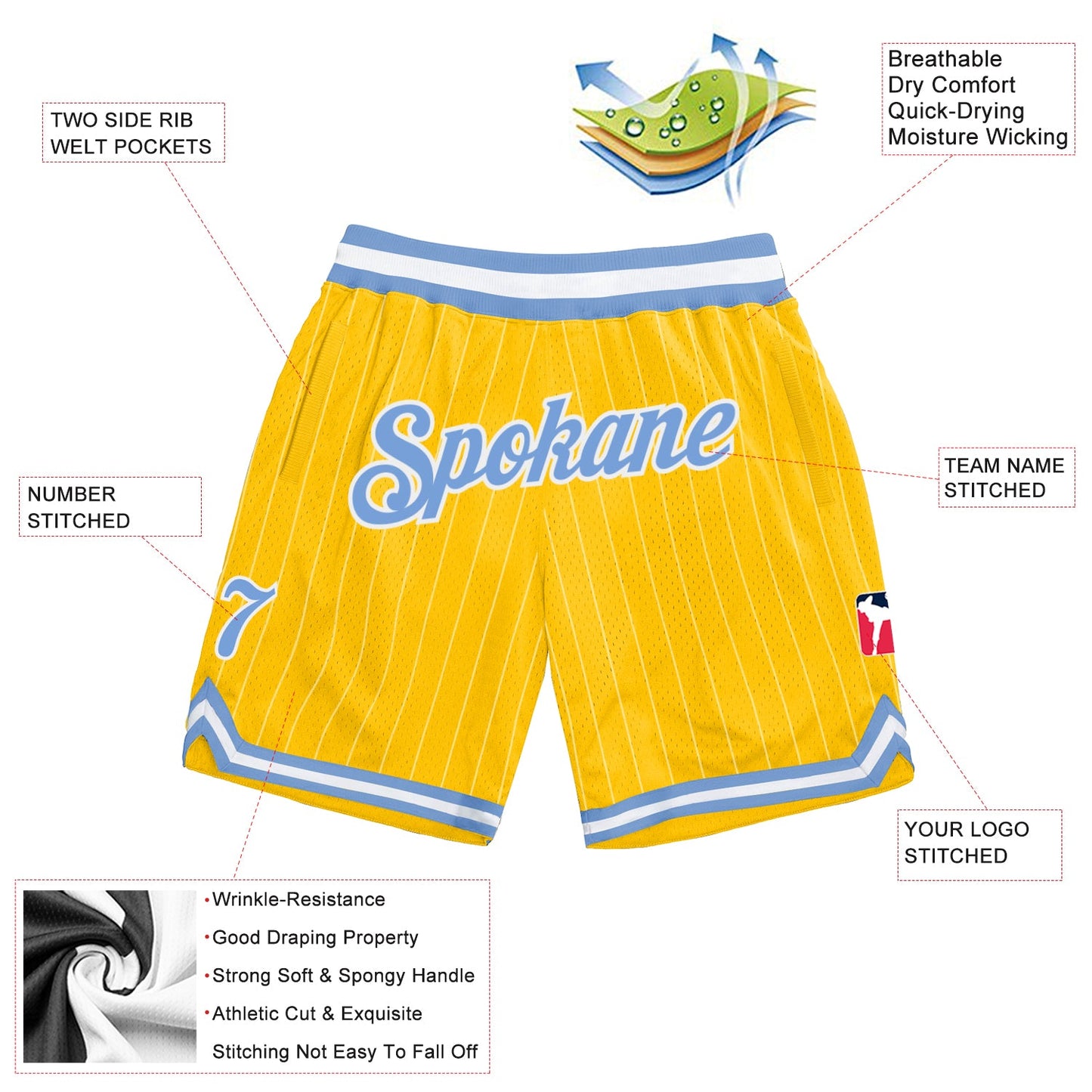 Custom Gold White Pinstripe Light Blue-White Authentic Basketball Shorts view 2
