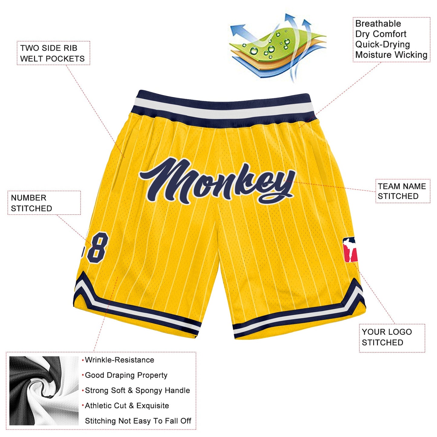 Custom Gold White Pinstripe Navy-White Authentic Basketball Shorts view 2