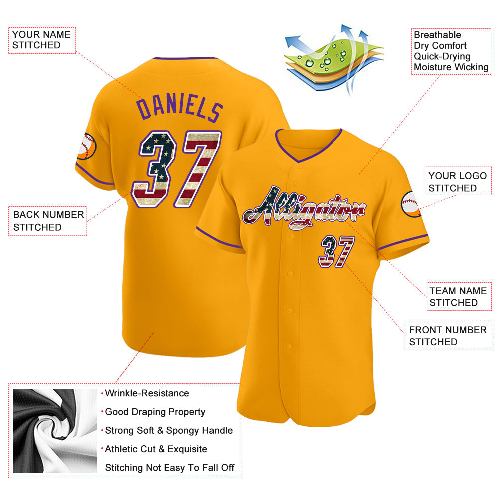 Custom Gold Vintage USA Flag-Purple Authentic Baseball Jersey view 3