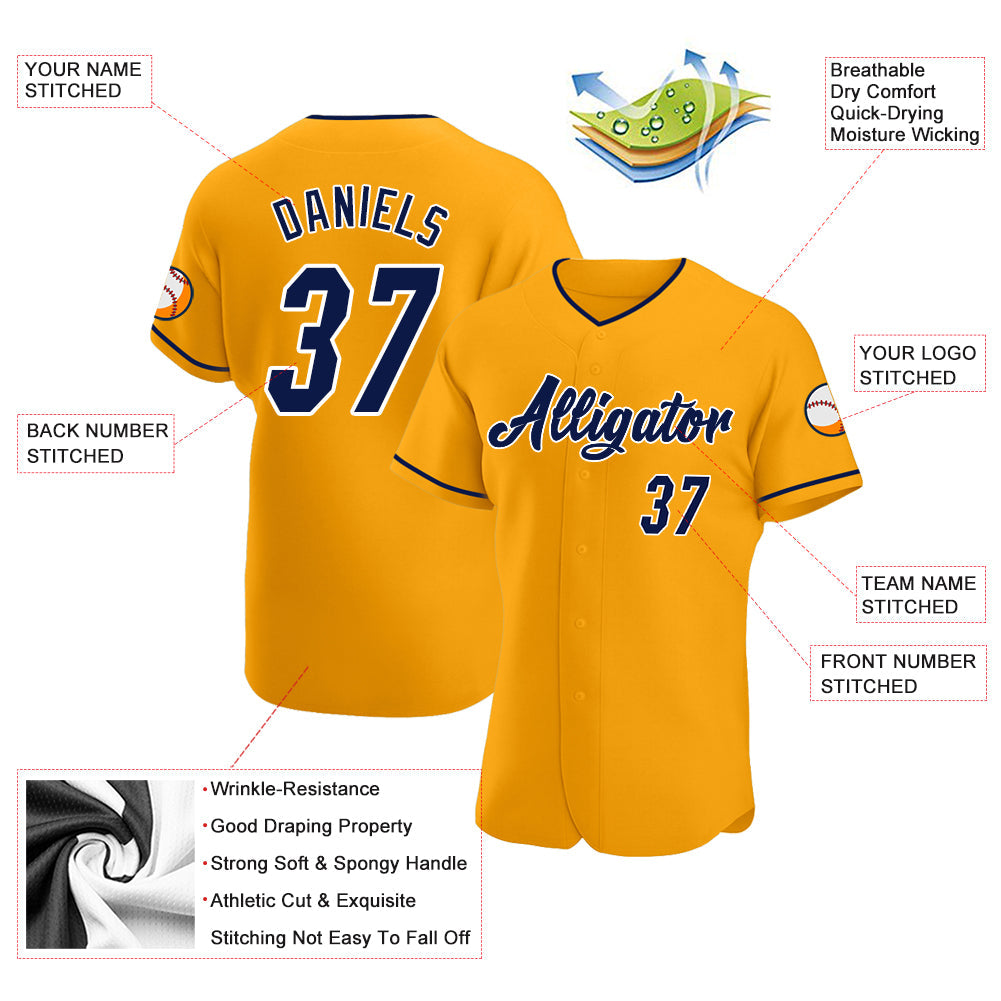 Custom Gold Navy-White Authentic Baseball Jersey view 3