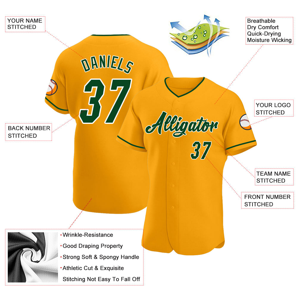 Custom Gold Green-White Authentic Baseball Jersey view 3