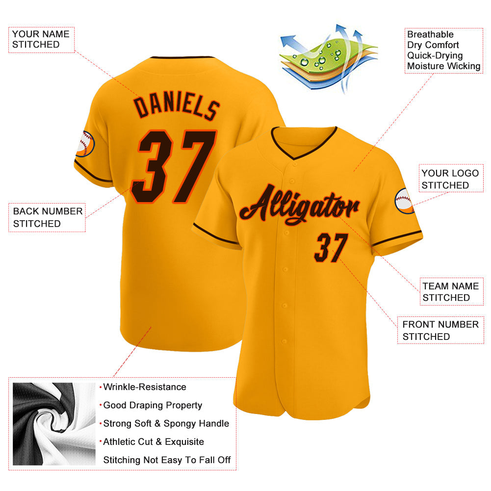 Custom Gold Brown-Orange Authentic Baseball Jersey view 3