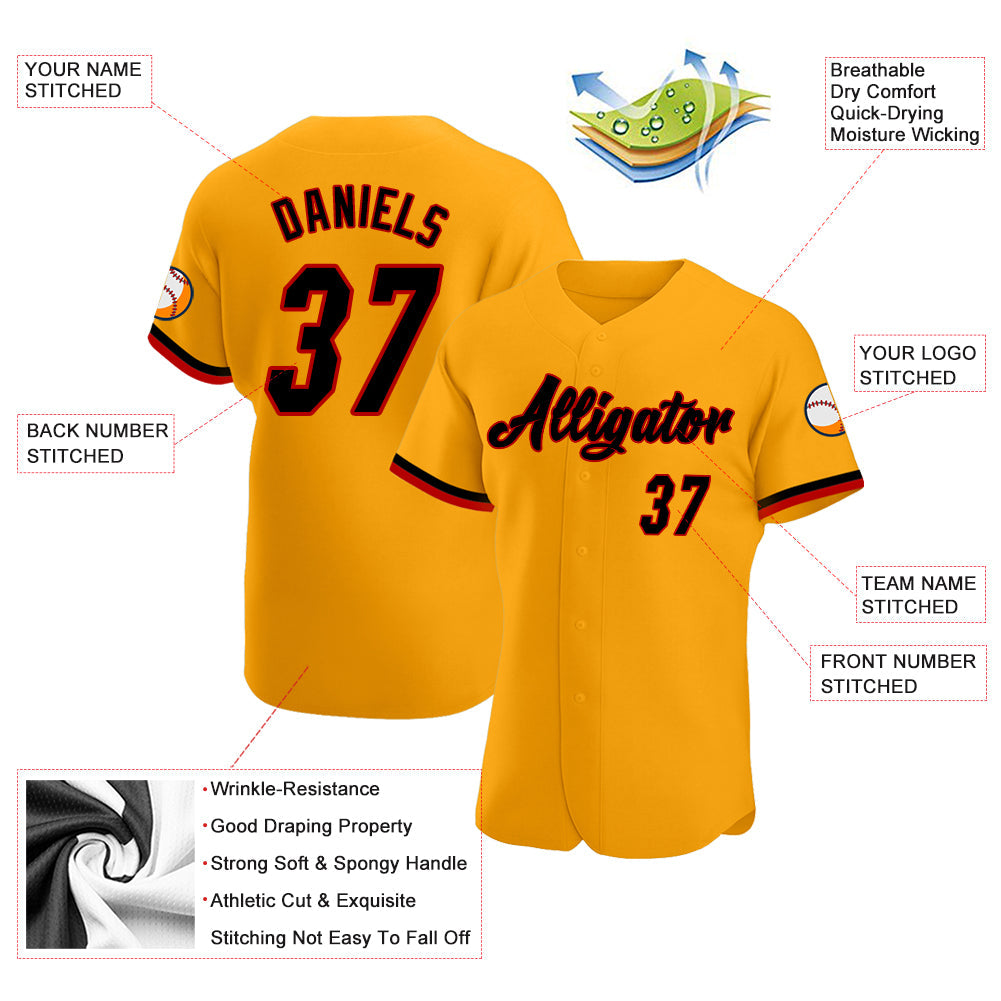 Custom Gold Black-Red Authentic Baseball Jersey view 3