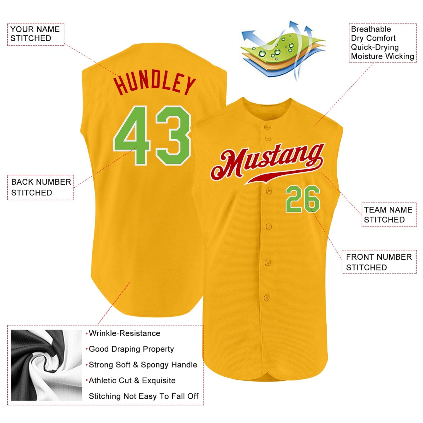 Custom Gold Neon Green-Red Authentic Sleeveless Baseball Jersey view 2