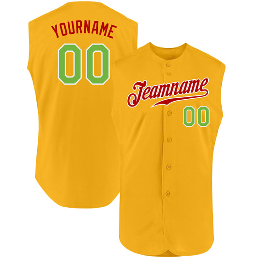Custom Gold Neon Green-Red Authentic Sleeveless Baseball Jersey - Main View