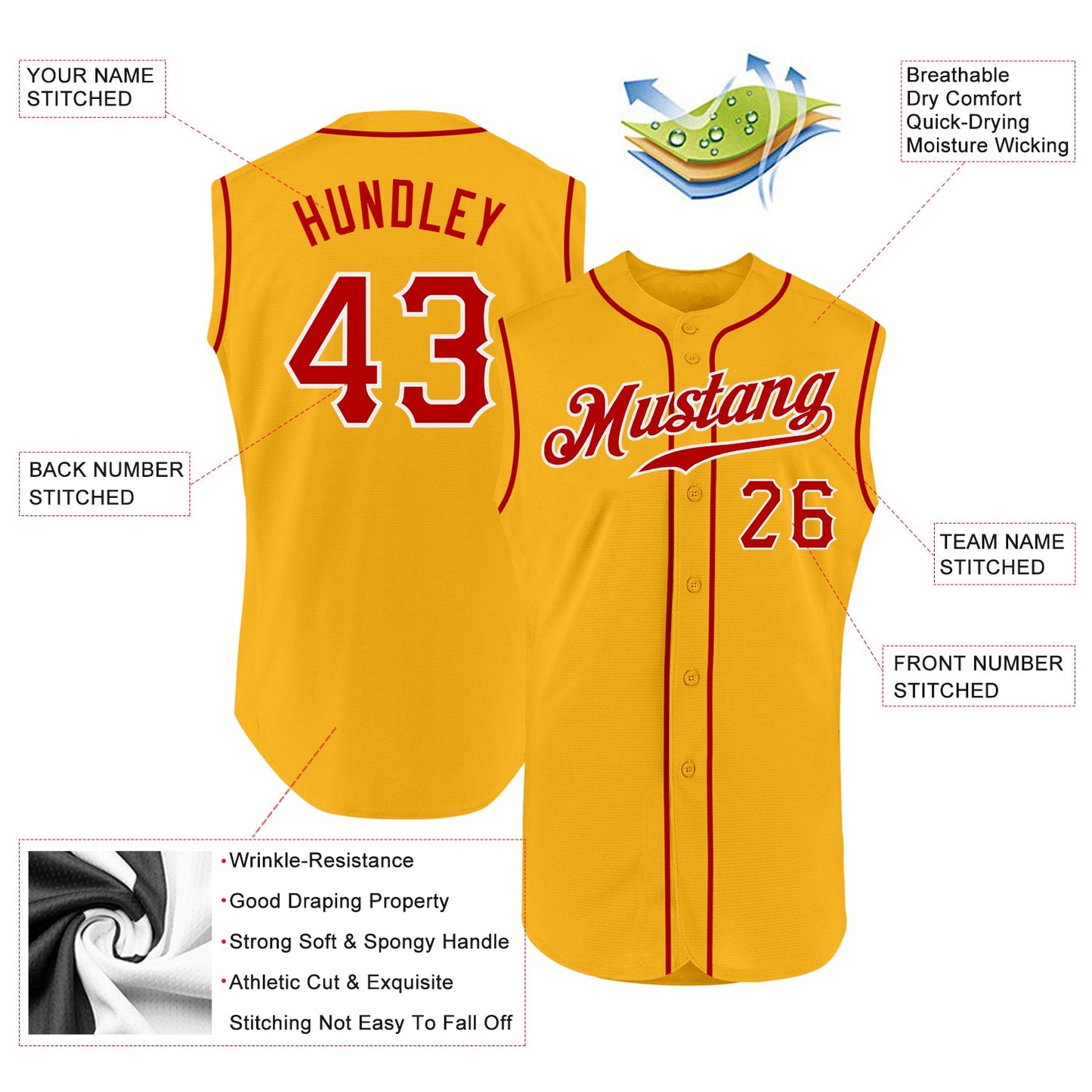 Custom Gold Red-White Authentic Sleeveless Baseball Jersey view 2